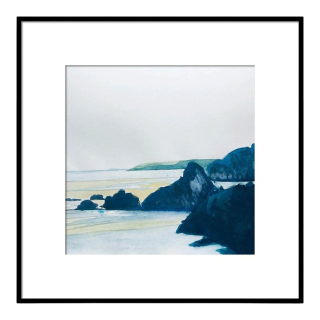 "Three Cliffs Bay" Contemporary Coastal Landscape Watercolor Painting, Framed For Sale