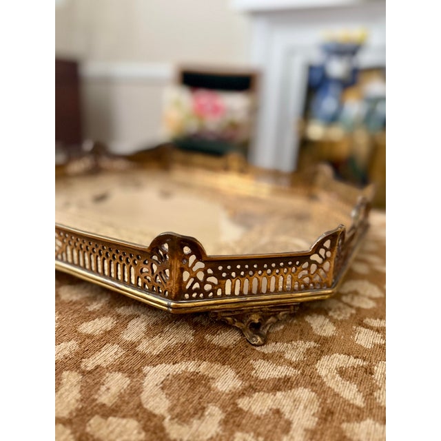 Vintage Large Brass Engraved Tray For Sale - Image 9 of 12