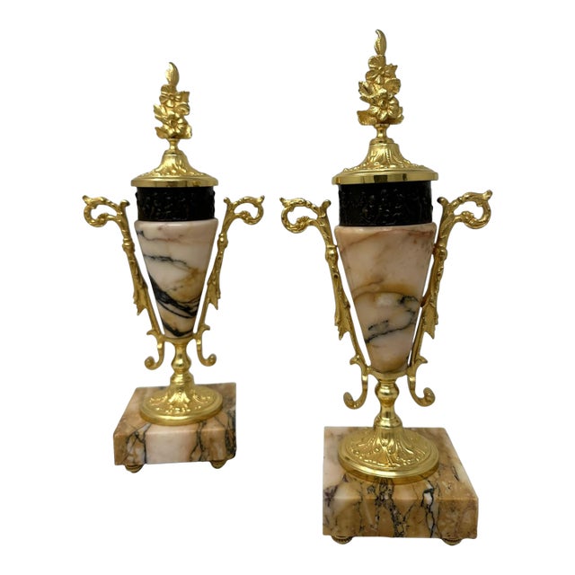 Pair French Regency Styl Giallo Sienna Marble Gilt Bronze Cassolettes Urns Vases For Sale