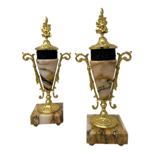 Pair French Regency Styl Giallo Sienna Marble Gilt Bronze Cassolettes Urns Vases