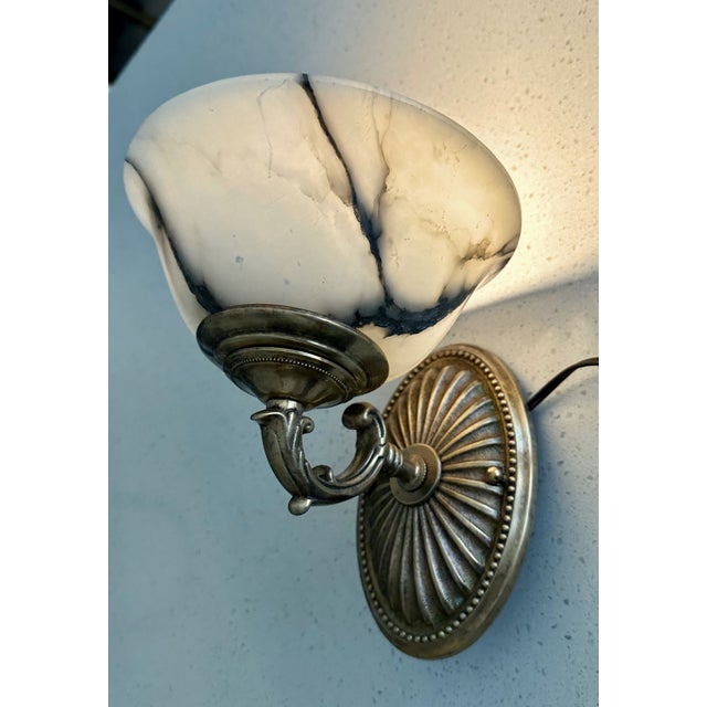 Metal Pair Brass Alabaster Sunburst Wall Sconces For Sale - Image 7 of 18