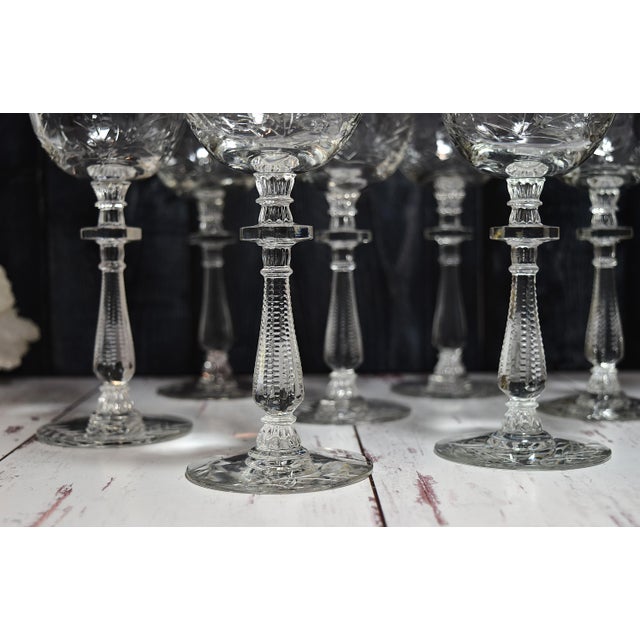 Early 20th Century Vintage Rock Sharpe Paisley Pattern Etched Glass 8" Water Goblets Stems - Set of 7 For Sale - Image 5 of 18