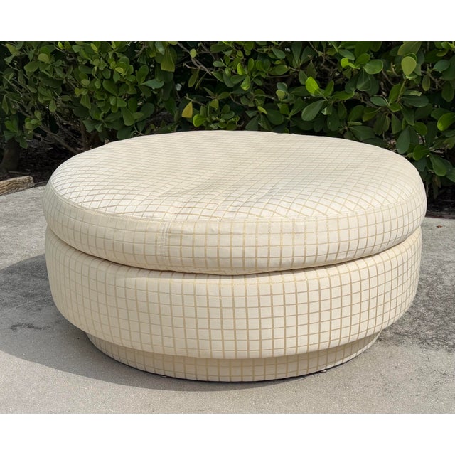 Vintage 42” Round Postmodern Upholstered Cocktail Ottoman With Down Feather Cushion For Sale In Naples, FL - Image 6 of 14