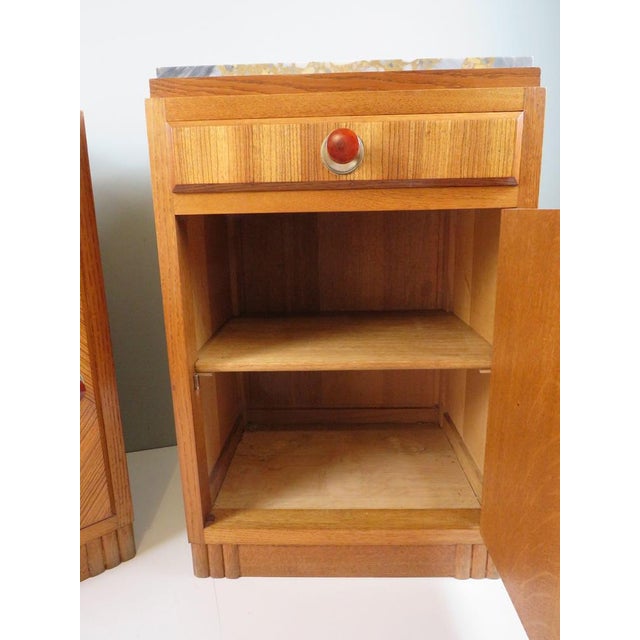 French Art Deco Oak Bedside Cabinets with Inset Marble Tops, 1930s, Set of 2 For Sale - Image 10 of 12