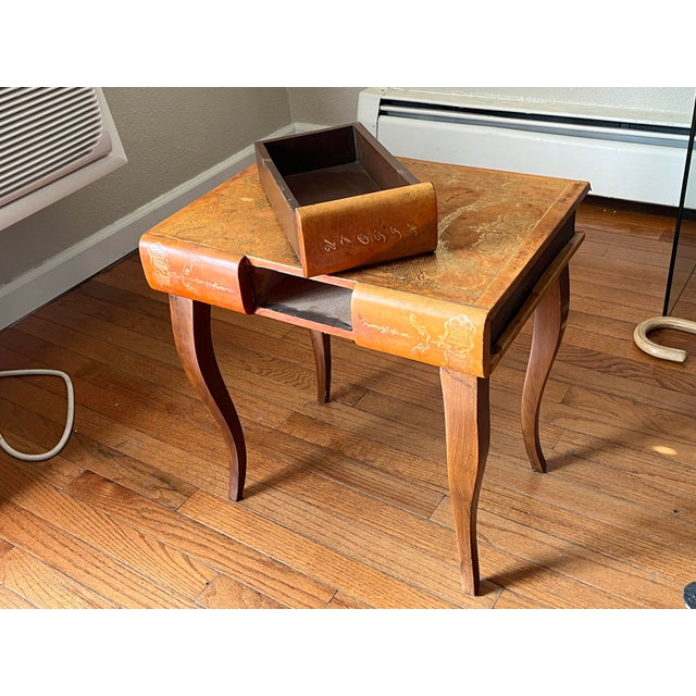 Small Leather Top, Cherry Coffee Table, Louie the XV Revival / Cabriole Legs / Gold Embossed Leather Top, Intricate Gold Marquetry, 1950-60’s For Sale - Image 9 of 12