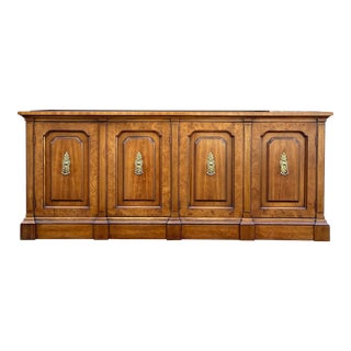 1960s Drexel Repertoire Traditional Regency Walnut & Burl 4 Door Credenza For Sale