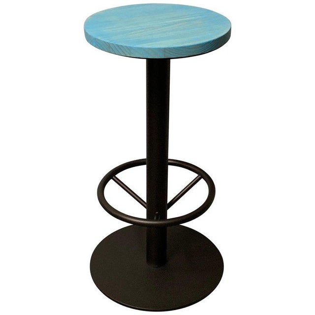 New Industrial Wrought Iron Shop Stool With Turquoise Wood Seat For Sale - Image 10 of 10