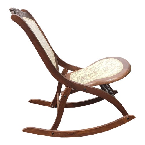 Early 20th Century Carved Walnut and Upholstered Folding Rocking Chair