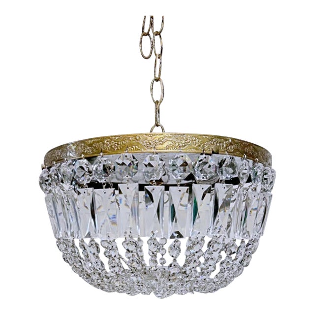 Vintage French Style Crystal Basket Chandelier With Ornate Brass Crown For Sale