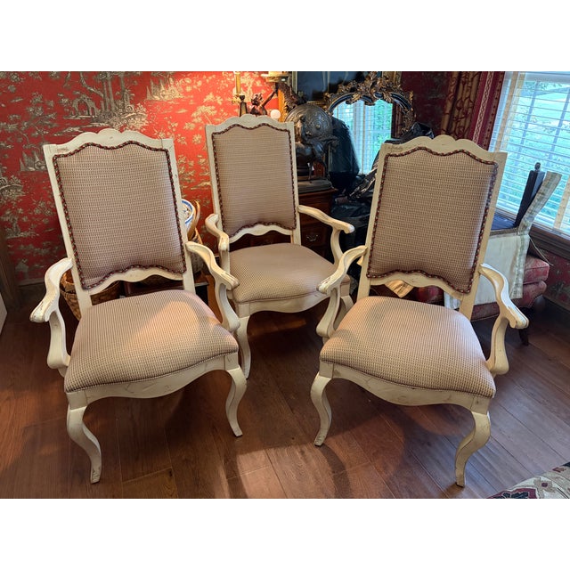 Tan Century Furniture Ladderback Arm Accent Chair in Distressed Ivory Finish, With Custom Upholstered Contrast Fabric and Decorative Welt Details. For Sale - Image 8 of 9