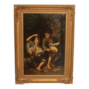 Vintage 20th C. 'Children Eating Grapes and a Melon' Original Painting after Murillo