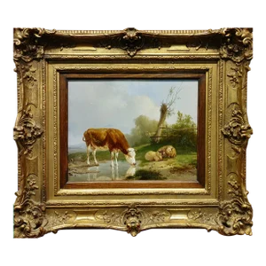Eugène Verboeckhoven-Cow & Sheep Watering in a Farm Landscape-19th Century Oil Painting