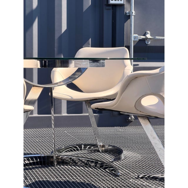 Space Age Chrome, Glass and White Leather Dining Room Set by Euro Steel, 1970s, Set of 5 For Sale - Image 18 of 18