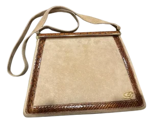 An Elegant 1980s Beige Suede and Brown Leather Italian Shoulder Bag