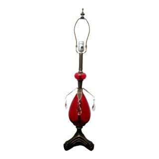 Mid-Century Modern Ruby Red Glass Lamp With Gilt Brass and Crystal Prisms For Sale