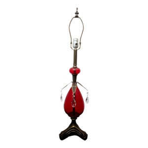Mid-Century Modern Ruby Red Glass Lamp With Gilt Brass and Crystal Prisms
