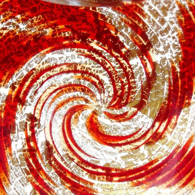 Murano Vintage Red Bands Optic Swril Pattern Gold Flecks Italian Art Glass Chunky Ashtray Bowl For Sale - Image 9 of 11