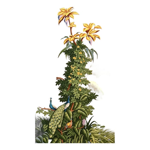 Hand Painted Peacock Tropical Landscape Mural Panel | 3ft × 8ft Custom Wall Wallpaper, Chinoiserie Scenic Wall Art For Sale