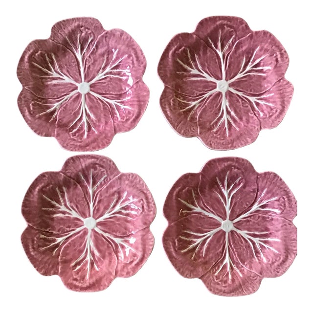 Vintage Bordallo Pinheiro Cabbage Pink Majolica Dinner Plate -Set of 4 For Sale