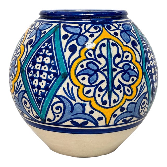 Vintage Signed Safi Moroccan Pottery Vase With Geometric Floral Design For Sale