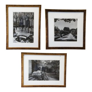 Black and White Decorative Garden Photographs in Gold Frames of Castle Lion Statue - Set of 3 For Sale