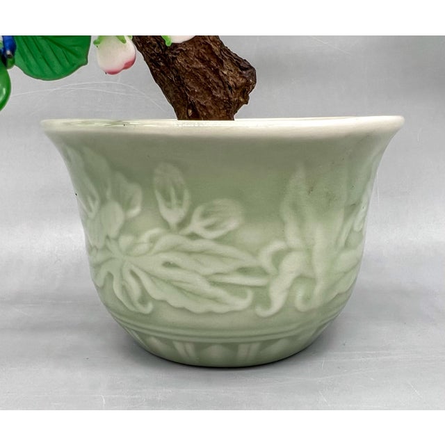 Chinese Vintage Chinese Glass Cherry Blossom Bonsai Tree in Celadon Pot For Sale - Image 3 of 10