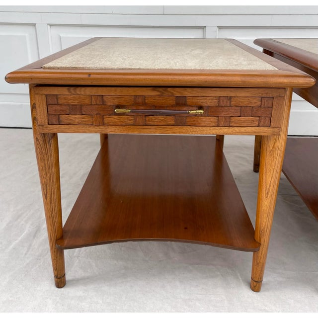 Mid-Century Modern Pair of Lane Perception Weave Design and Travertine Side Table Nightstands For Sale - Image 3 of 13