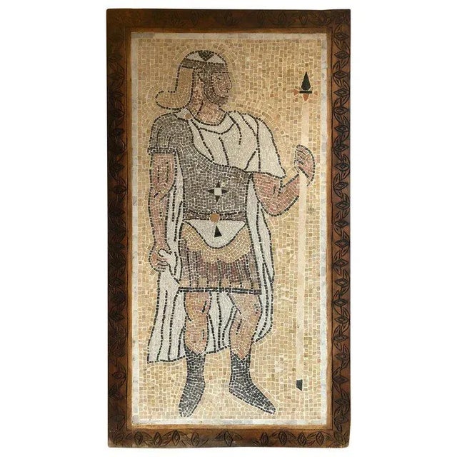 Brown Italian Mosaic Tile Wall Plaque or Table Top of a Centurion in Wood Carved Frame For Sale - Image 8 of 8
