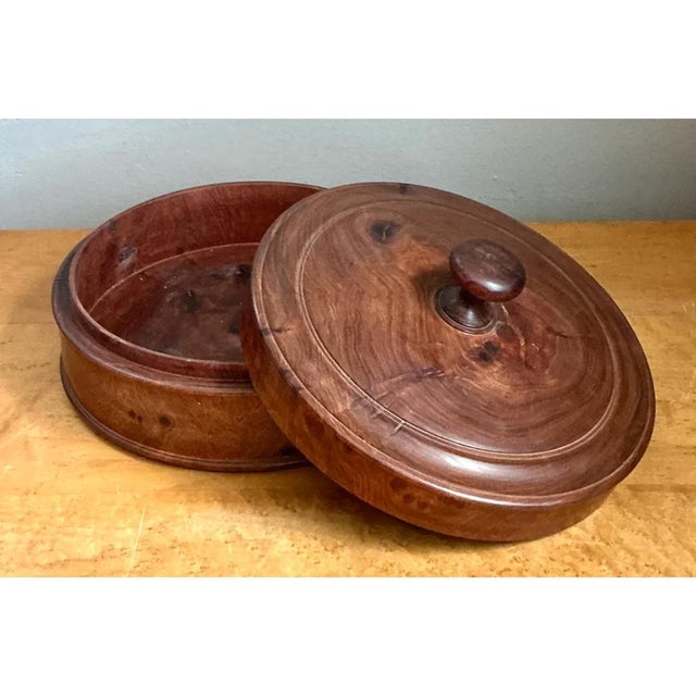 Vintage Round Burl Wood Storage Box For Sale - Image 4 of 12