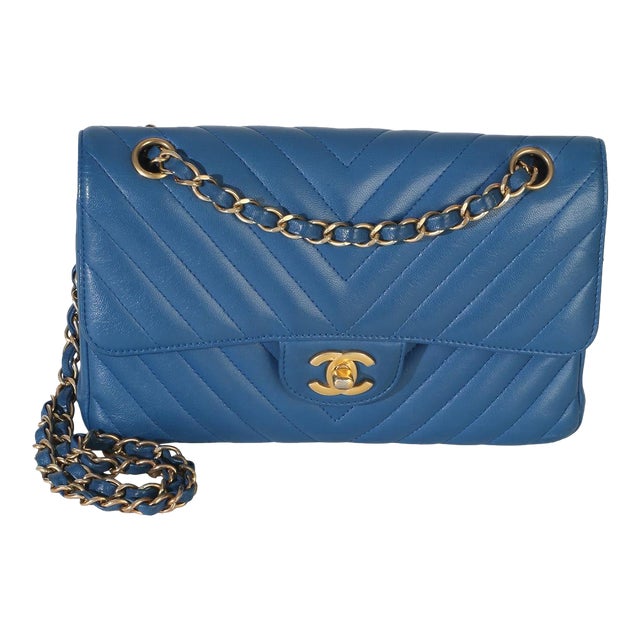 Blue Chevron Lambskin Small Classic Double Flap Bag For Sale
