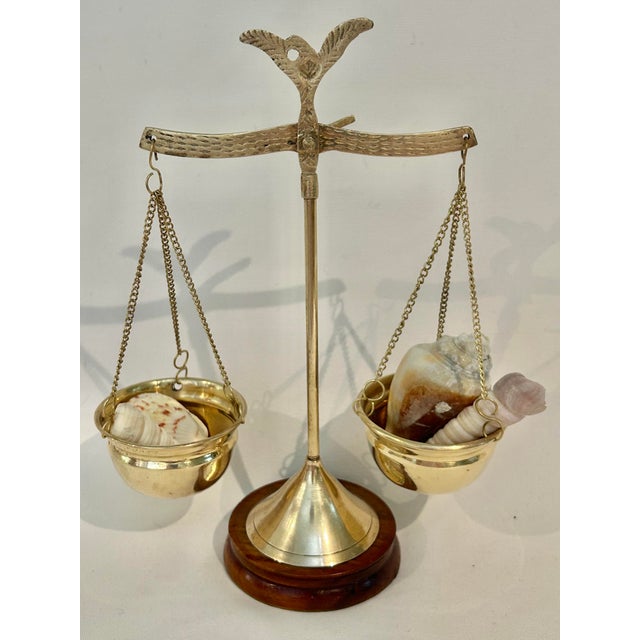 Late 20th Century Vintage Petite Brass Balance Scale on Mahogany Base For Sale - Image 5 of 9