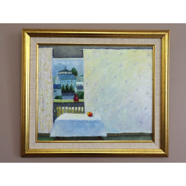 ROOM WITH A VIEW Size: 17.7 x 20.5 inches (including frame) Oil on board A charming mid-century interior that balances the...