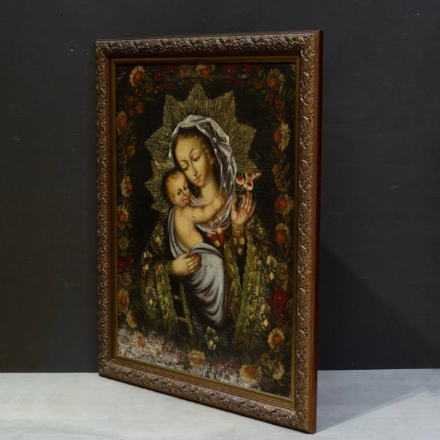 Gold Madonna & Child, Peru, Oil on Canvas Painting Pre 1970 For Sale - Image 8 of 9