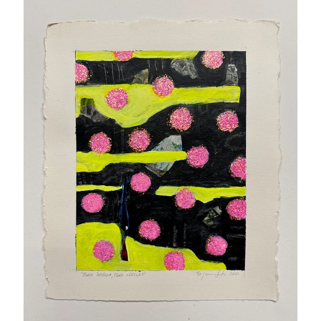 A colorful work on paper from mid career artist Ben Junta Acrylic, Collage, Pink Glitter on Paper 13.75" x 11.5"