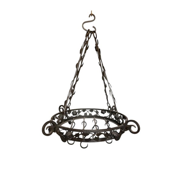 Vintage Wrought Iron Hanging Pot Rack With Hand Forged Roses and Vines For Sale In Los Angeles - Image 6 of 8