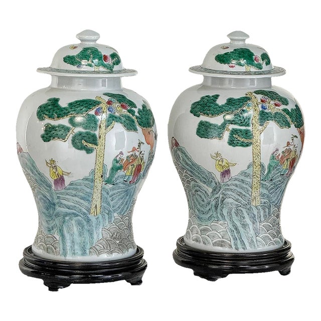 Pair Antique Chinese Porcelain Lidded Urns With Wood Bases For Sale