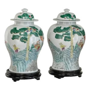 Pair Antique Chinese Porcelain Lidded Urns With Wood Bases