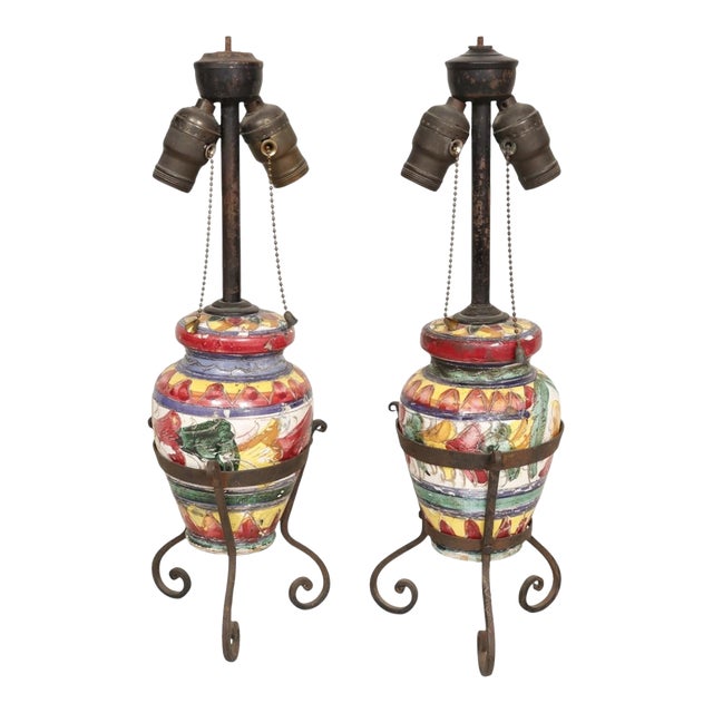 Antique Italian Majolica Table Lamps - a Pair For Sale