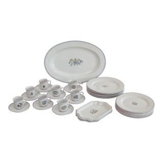 Late 20th Century French Moustiers Faïence Dinnerware Set for Eight | Atelier De Ségriès | Hand-Painted Blue Banded Floral - 35pcs For Sale