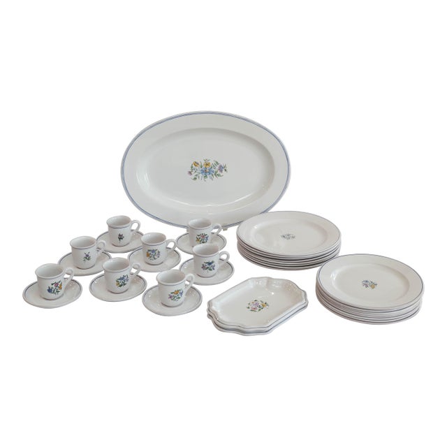 Late 20th Century French Moustiers Faïence Dinnerware Set for Eight | Atelier De Ségriès | Hand-Painted Blue Banded Floral - 35pcs For Sale