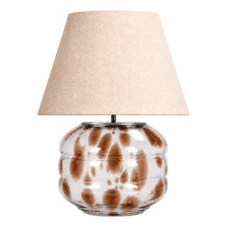 Hand-Blown Glass Table Lamp With Linen Shade in Ice Blue Speckled For Sale