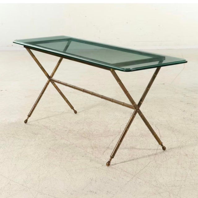1960s Vintage Hollywood Regency Faux Bamboo Console Brass Metal Table With Glass Top and X Base For Sale - Image 5 of 5