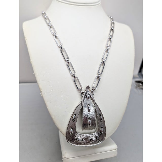 Vintage 1970s Signed Monet Rhodium Plated Buckle Pendant Necklace For Sale In Philadelphia - Image 6 of 7
