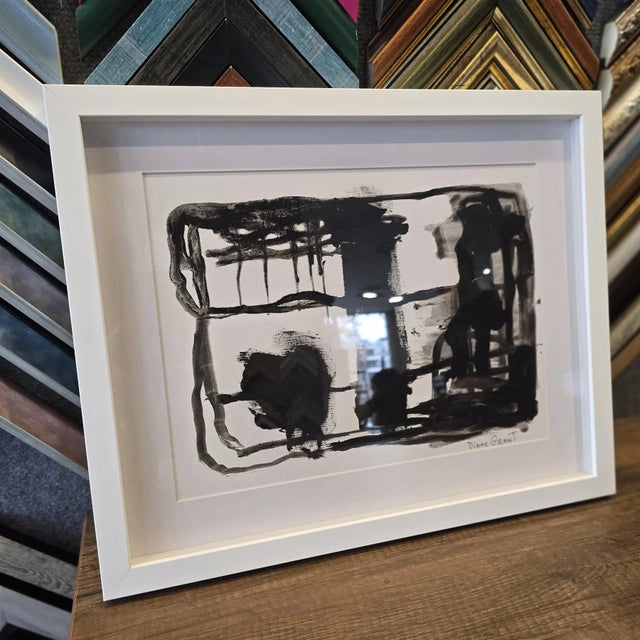 16.7" by 13.5" Black and White Abstraction - One-of-a-Kind High-End Natural Wood Shadow Box Framed Original Painting by Diane Grant For Sale - Image 4 of 5