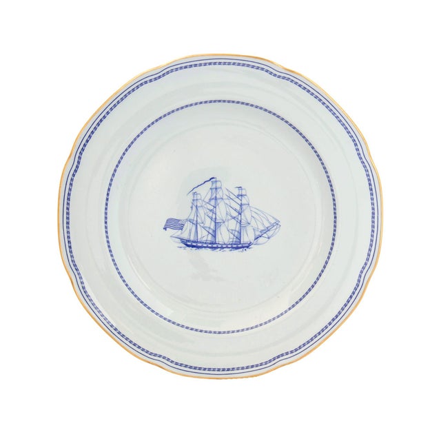 Set of five mid 20th century Spode Tradewinds dinner plates featuring the clipper ship Grand Turk rendered in cobalt blue...