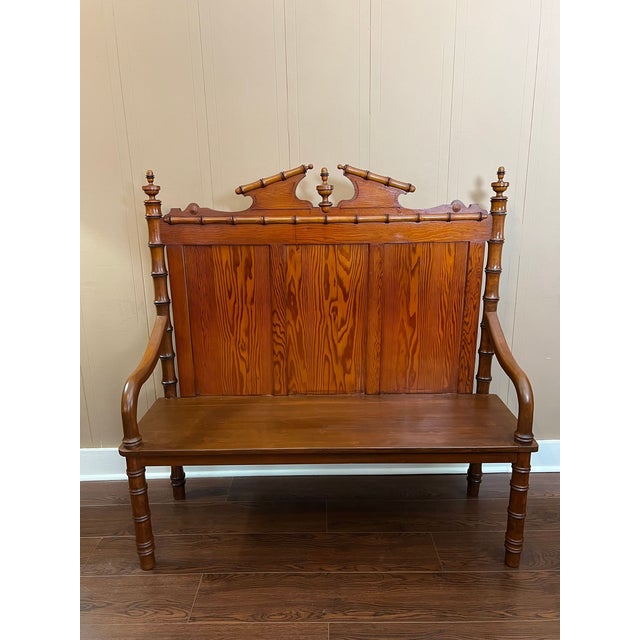 Antique English Faux Bamboo Pine Hall Bench Victorian High Back Settle C1890 For Sale In Dallas - Image 6 of 18