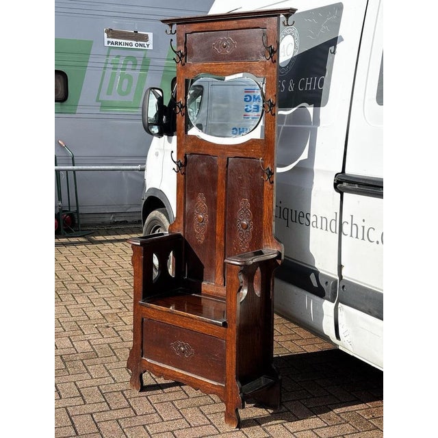 Wood Oak Coat Stand and Bench with Mirror, 1930s For Sale - Image 7 of 9