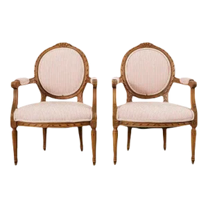 Pair of French Louis XVI Style Cameo Back Fauteuil Armchairs