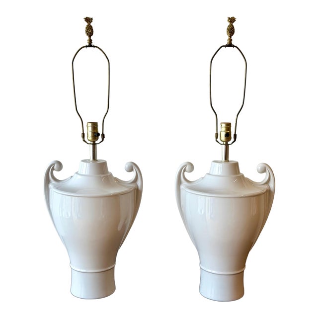 Vintage White Glazed Ceramic Urn Lamps - a Pair For Sale