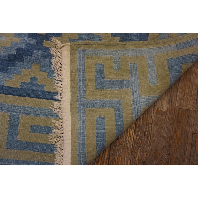 1930s Blue Geometric Tribal Antique Indian Cotton Dhurrie Rug 10' X 12'2" Flatweave Carpet For Sale - Image 9 of 11
